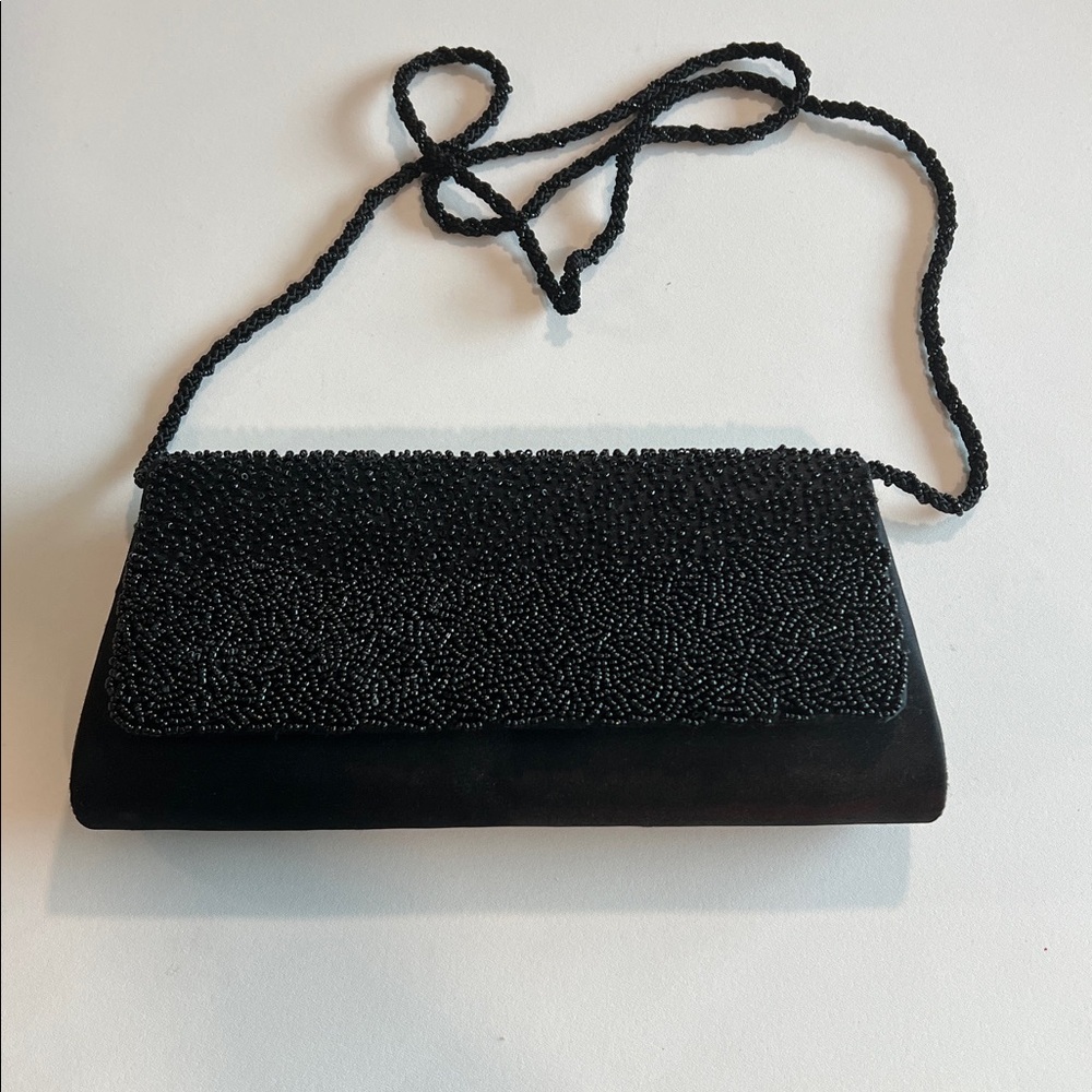La Regale Black‎ Satin Clutch - crossbody, beaded, formal
